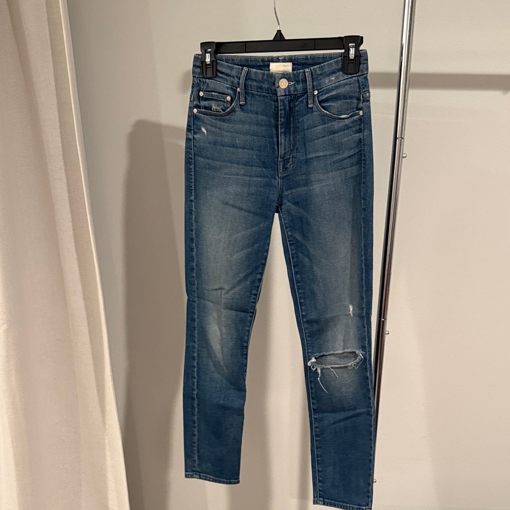 MOTHER Dark Blue Distressed Skinny Jeans
